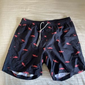 New With Tags - Mens Bathing Suit- black/dark blue with pink sharks. SIZE LARGE